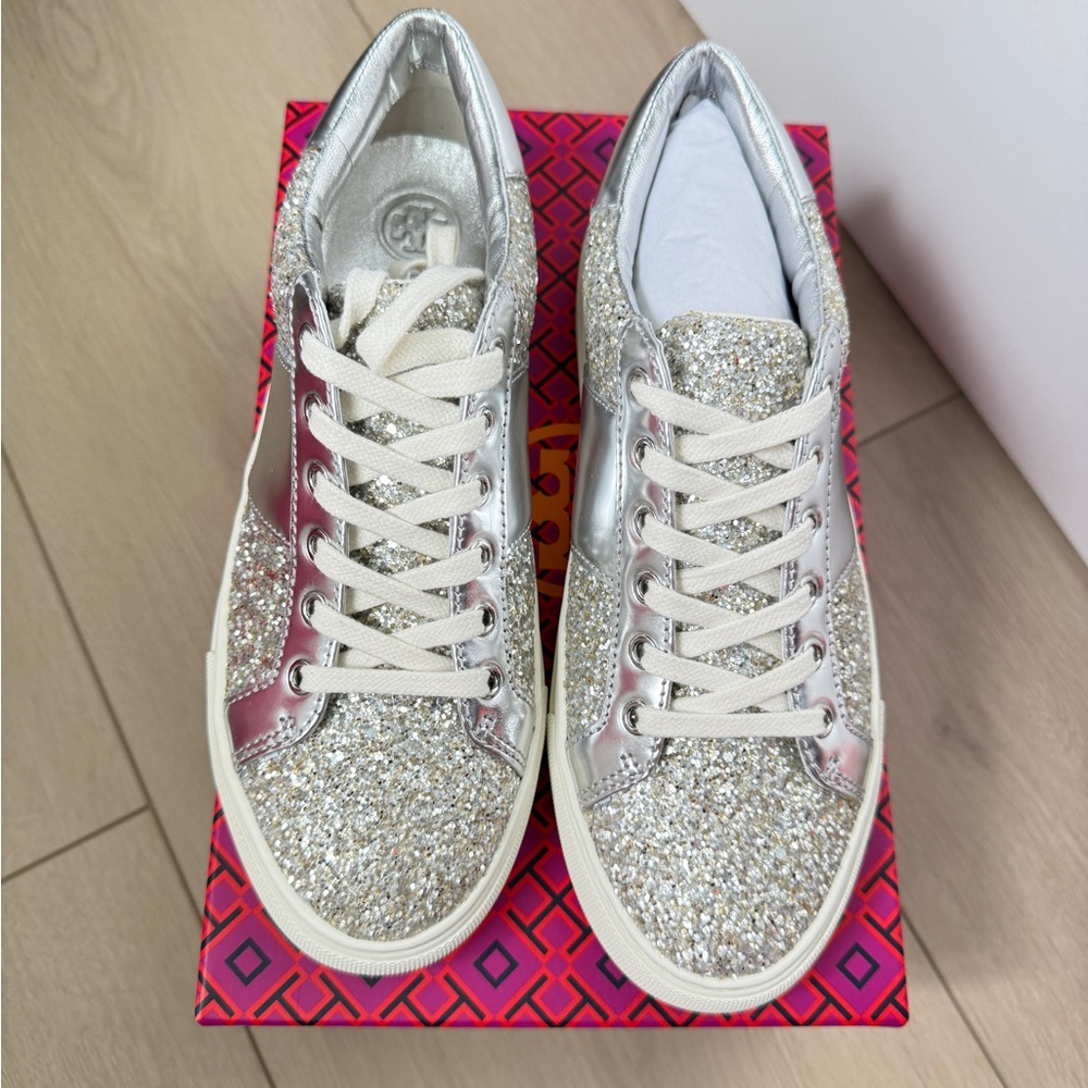 BRAND NEW Tory Burch Carter Silver Glitter Women's Sneakers